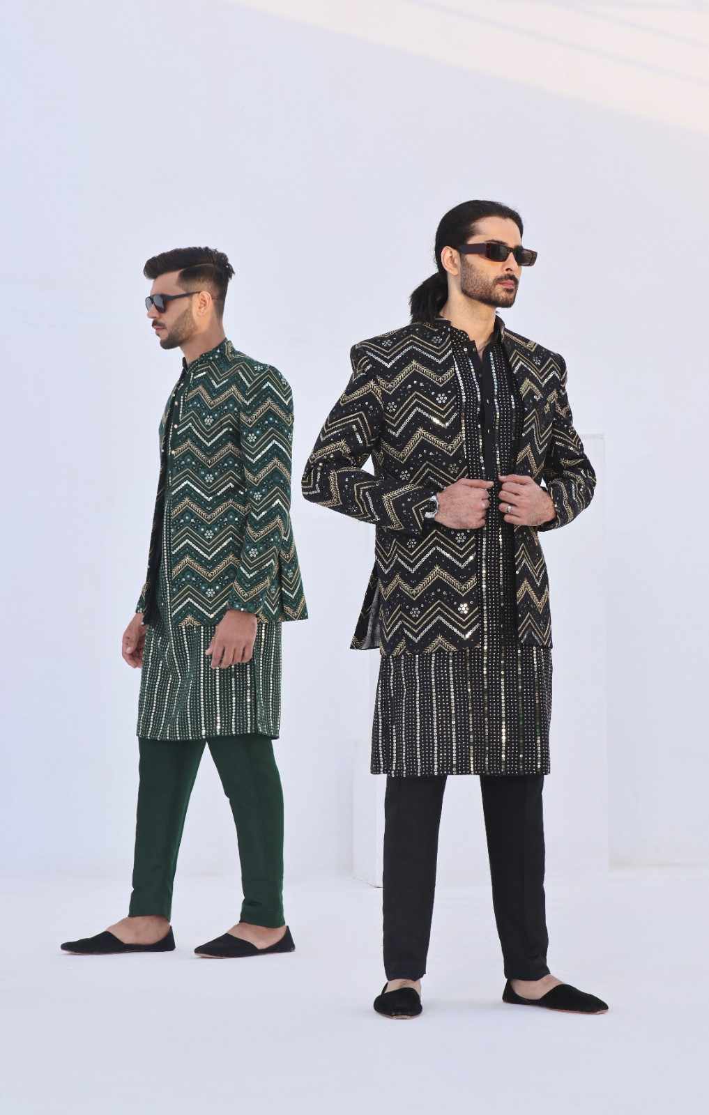 Geometric zigzag Pattern Prince Coat Green