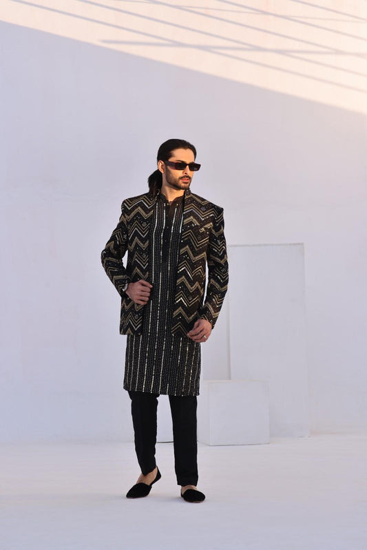 Geometric zigzag Prince Coat Black