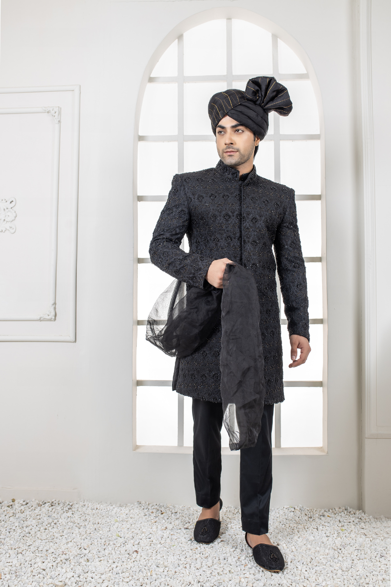 Al Aris Black Embroided Sherwani