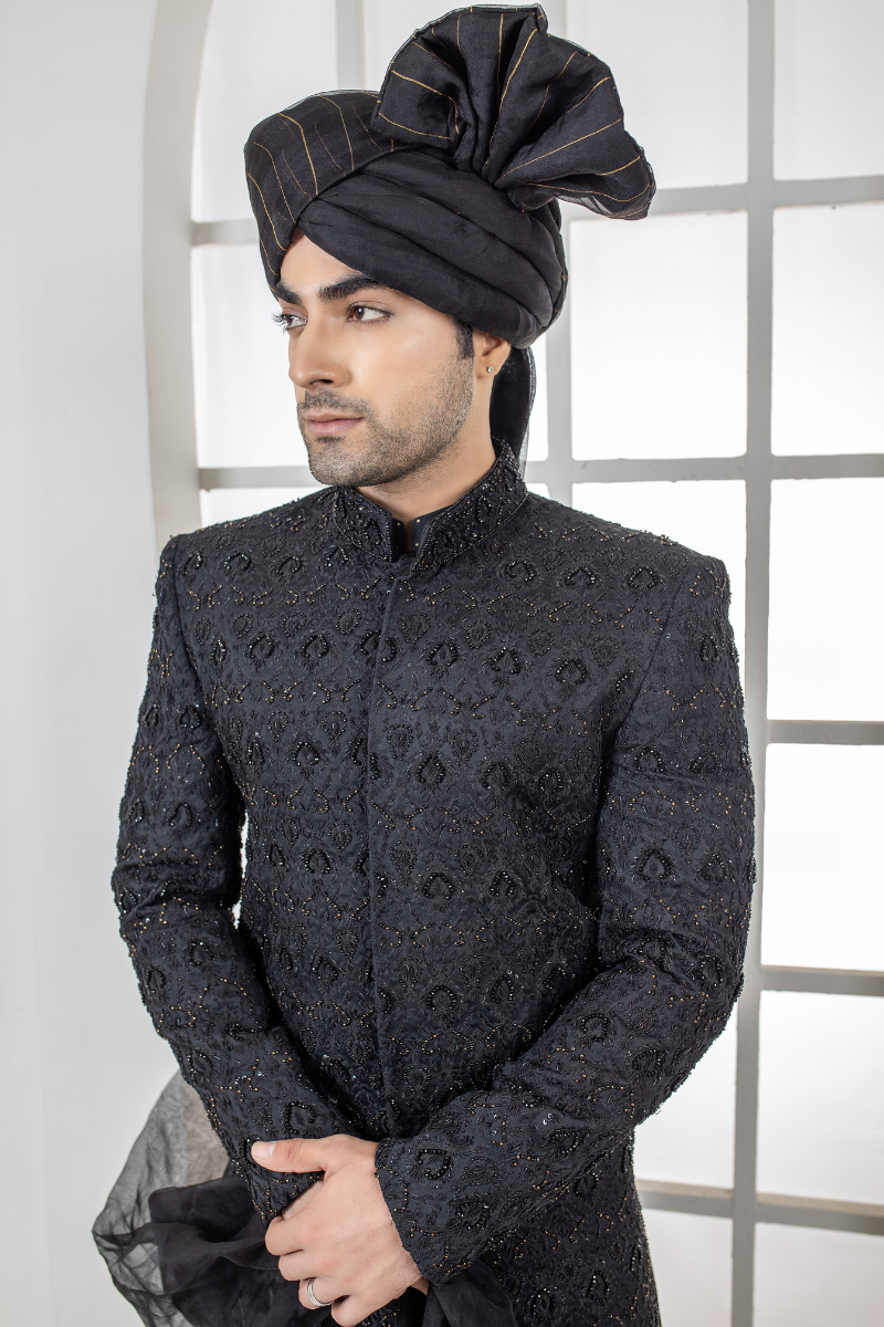 Al Aris Black Embroided Sherwani