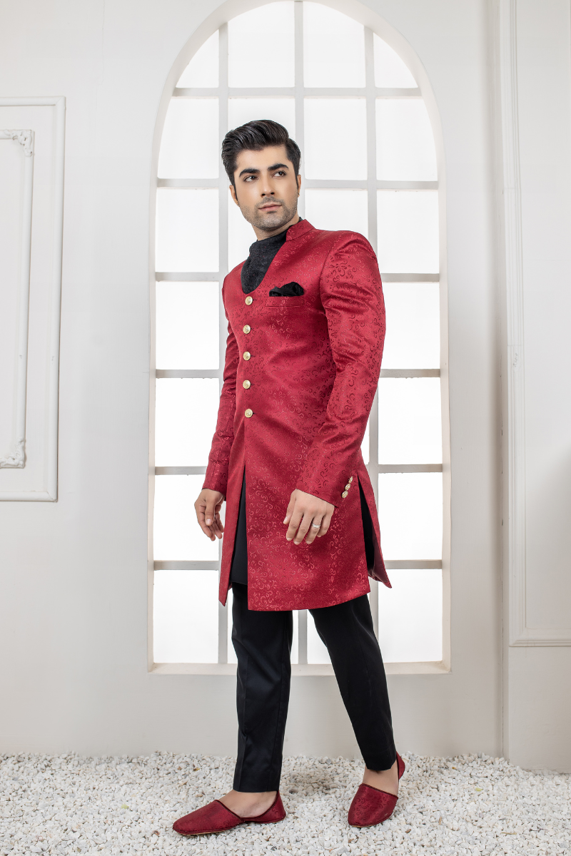Al Aris Plain Fancy Red Sherwani