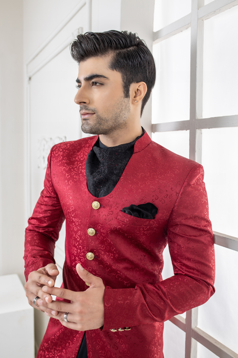 Al Aris Plain Fancy Red Sherwani