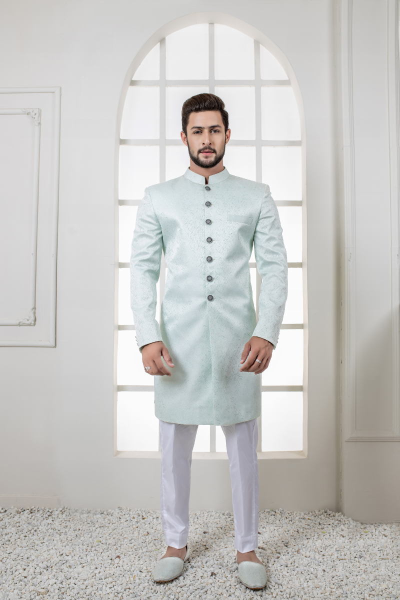 Al Aris Plain Fancy Sea Green Sherwani