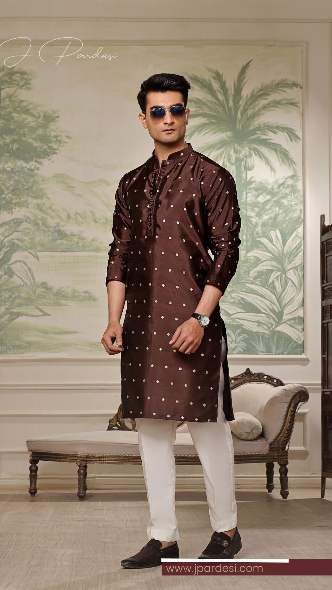 Gold embroidered Kurta Banarsi fabric Festive Eid Collection
