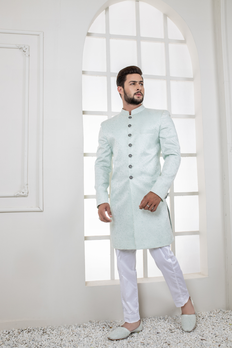 Al Aris Plain Fancy Sea Green Sherwani