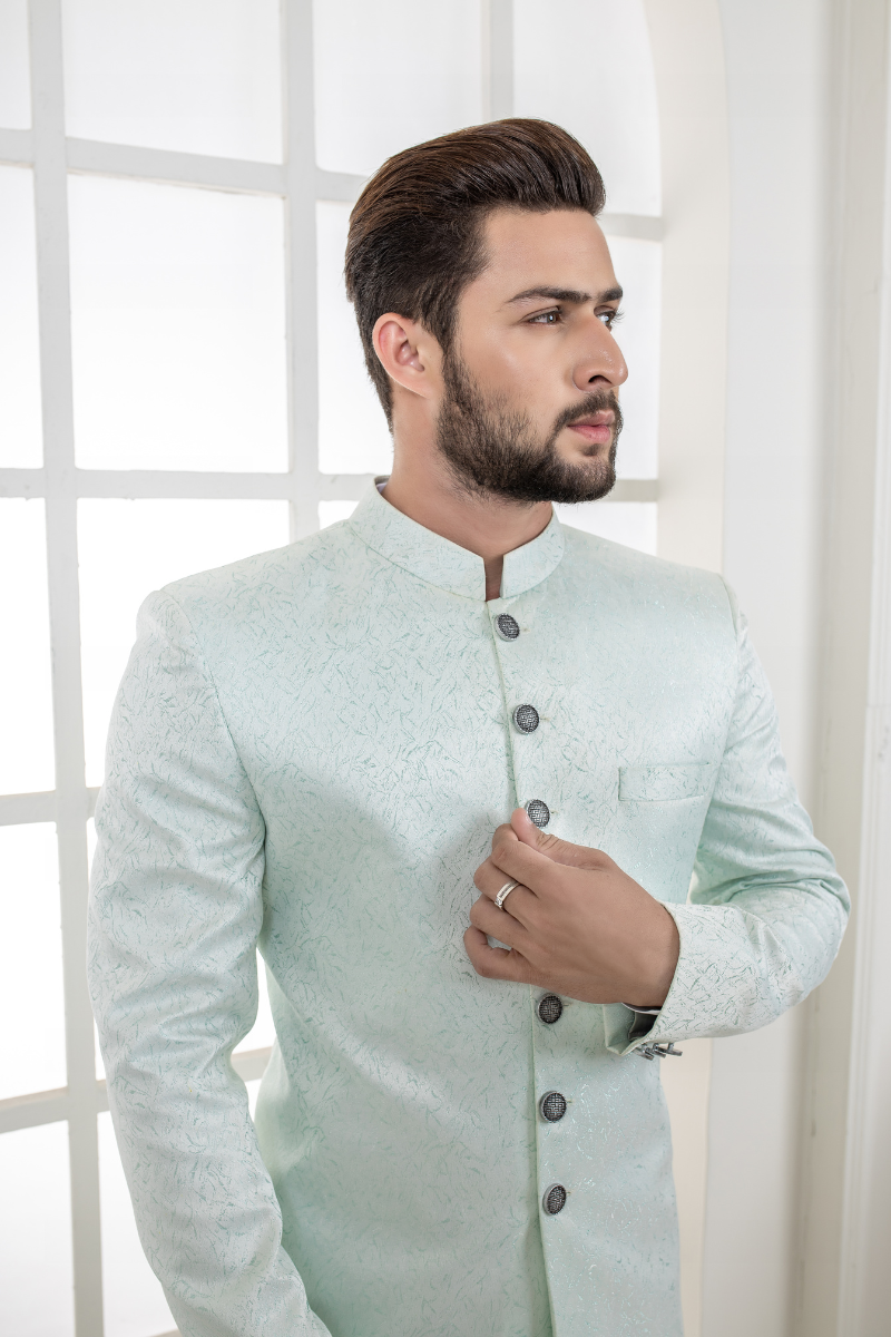 Al Aris Plain Fancy Sea Green Sherwani