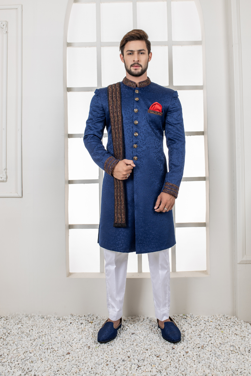 Al Aris Plain Fancy Blue Sherwani