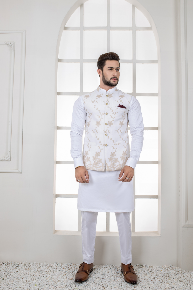 Al Aris Embroided White Men’s Waistcoat