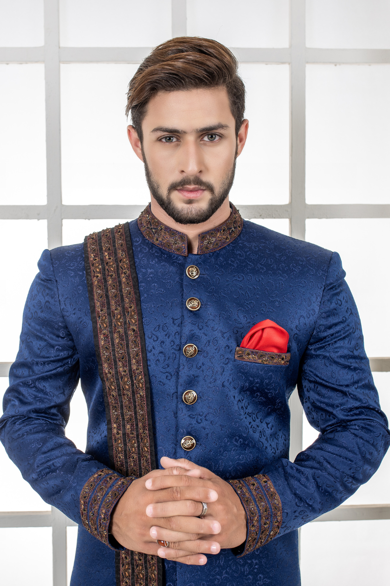 Al Aris Plain Fancy Blue Sherwani