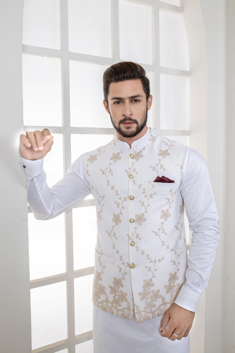 Al Aris Embroided White Men’s Waistcoat