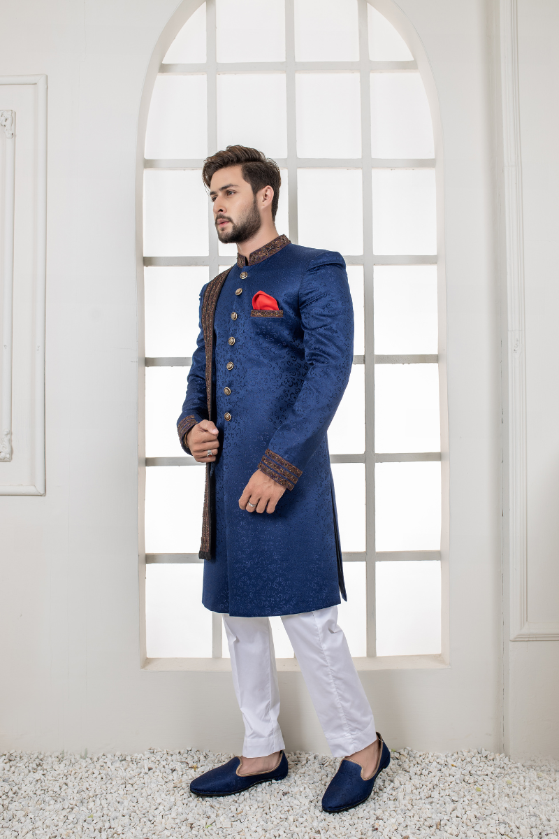 Al Aris Plain Fancy Blue Sherwani