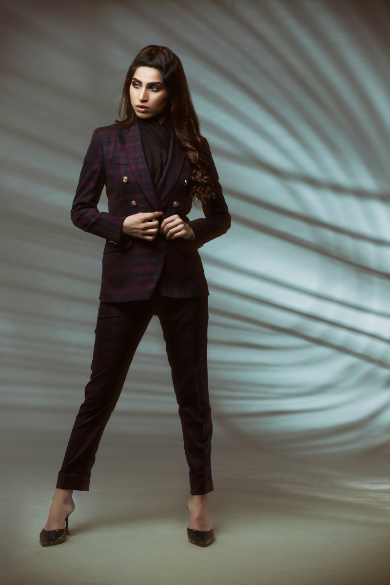 Women Double Breasted Check Suit