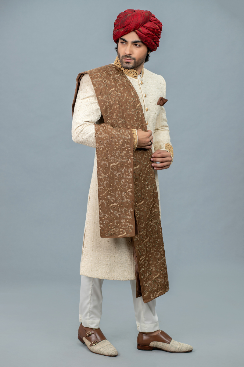 Exquisite Cream Chicken Kari Sherwani