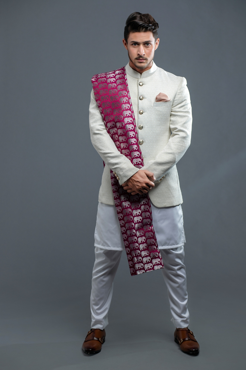 Exquisite White Textured Princecoat Jacket