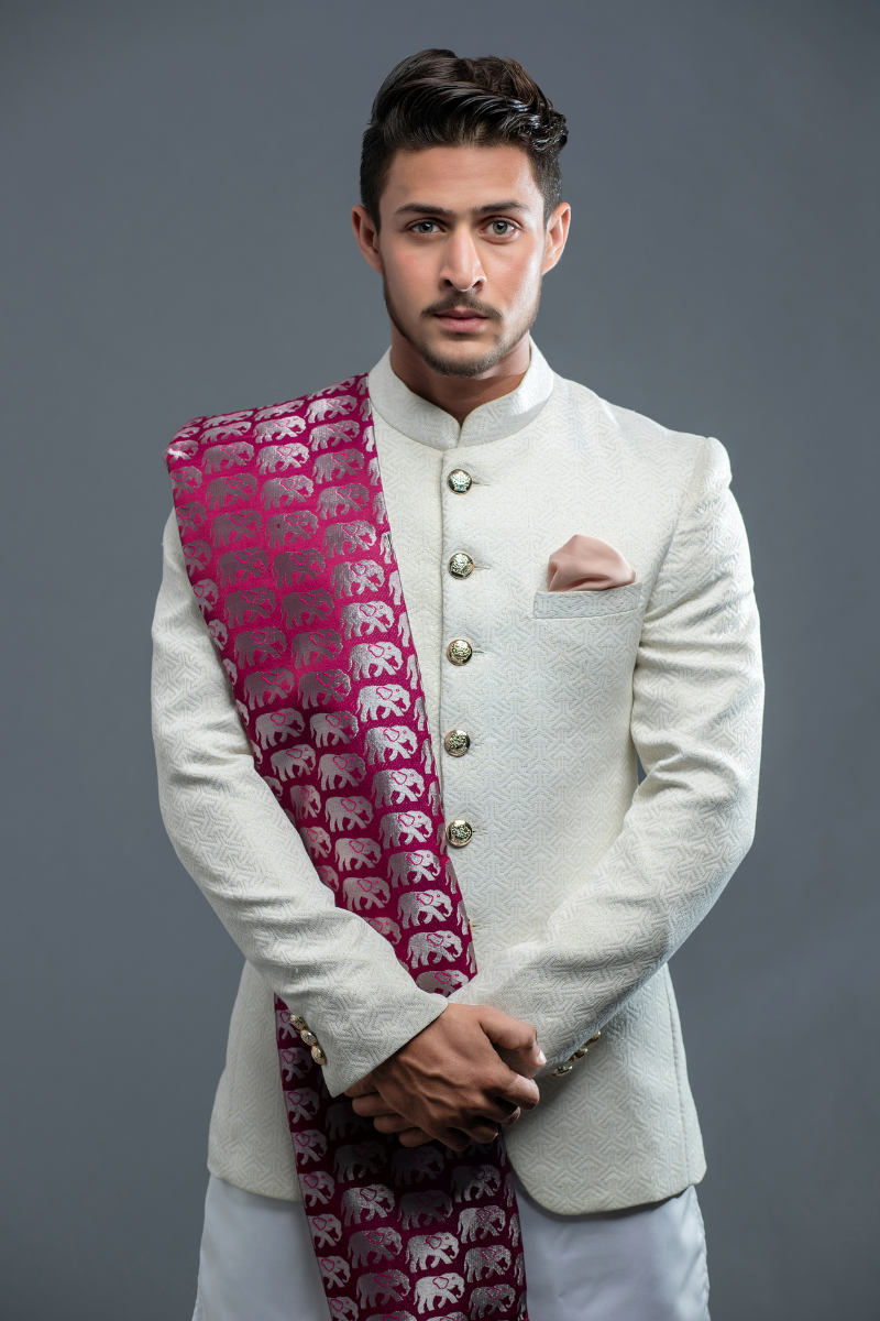 Exquisite White Textured Princecoat Jacket