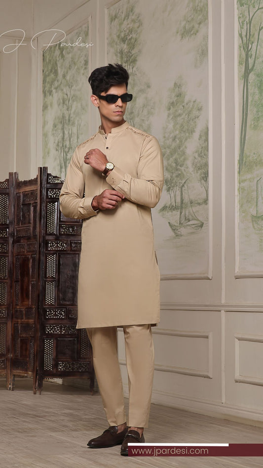 Desert Sands Hand-Embroidered Skin-Tone Kurta Pajama Festive Collection