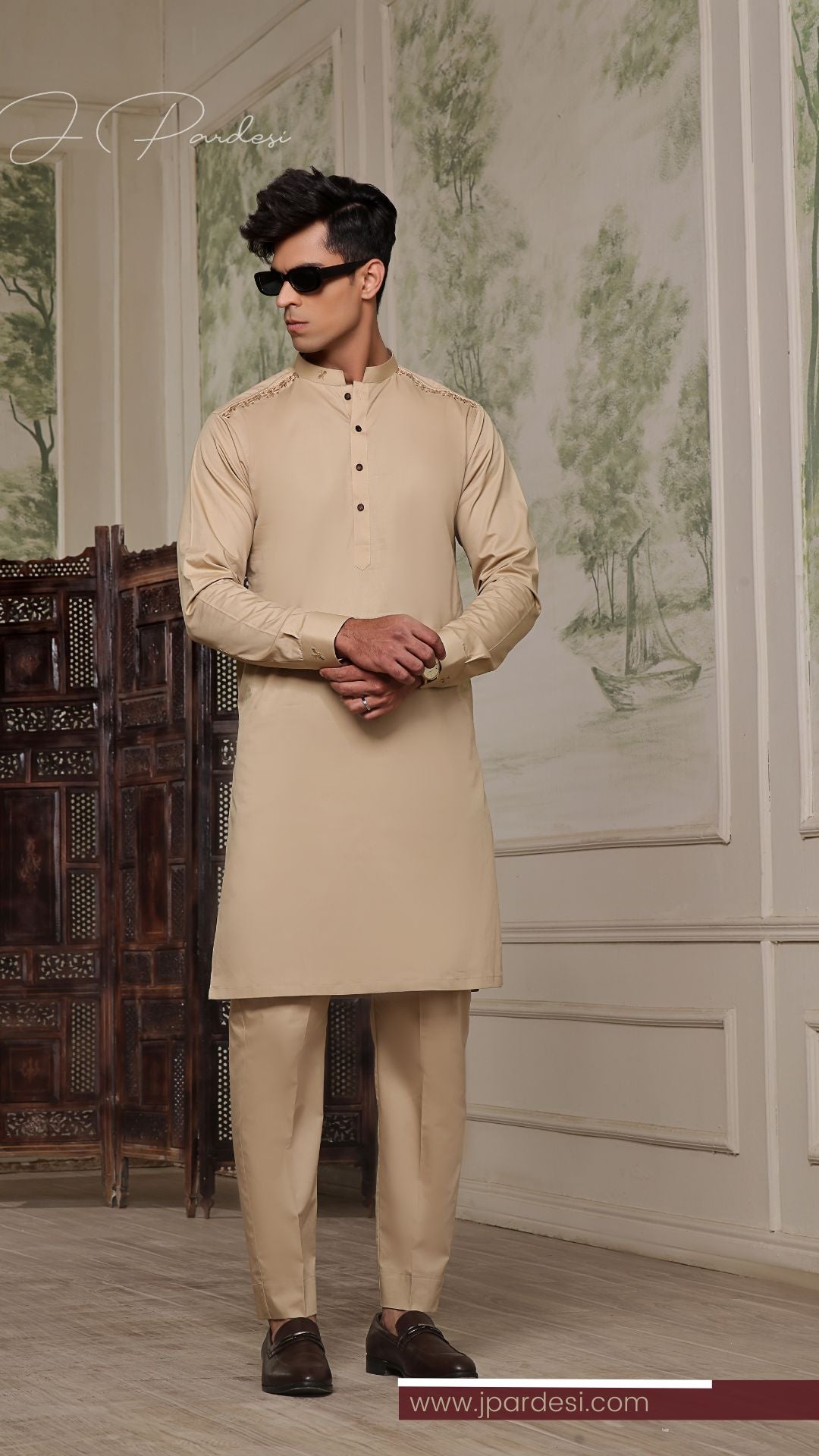 Desert Sands Hand-Embroidered Skin-Tone Kurta Pajama Festive Collection