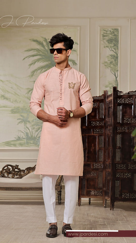 Blush Bloom Hand-Embroidered Cotton Linen Kurta Festive Eid Collection