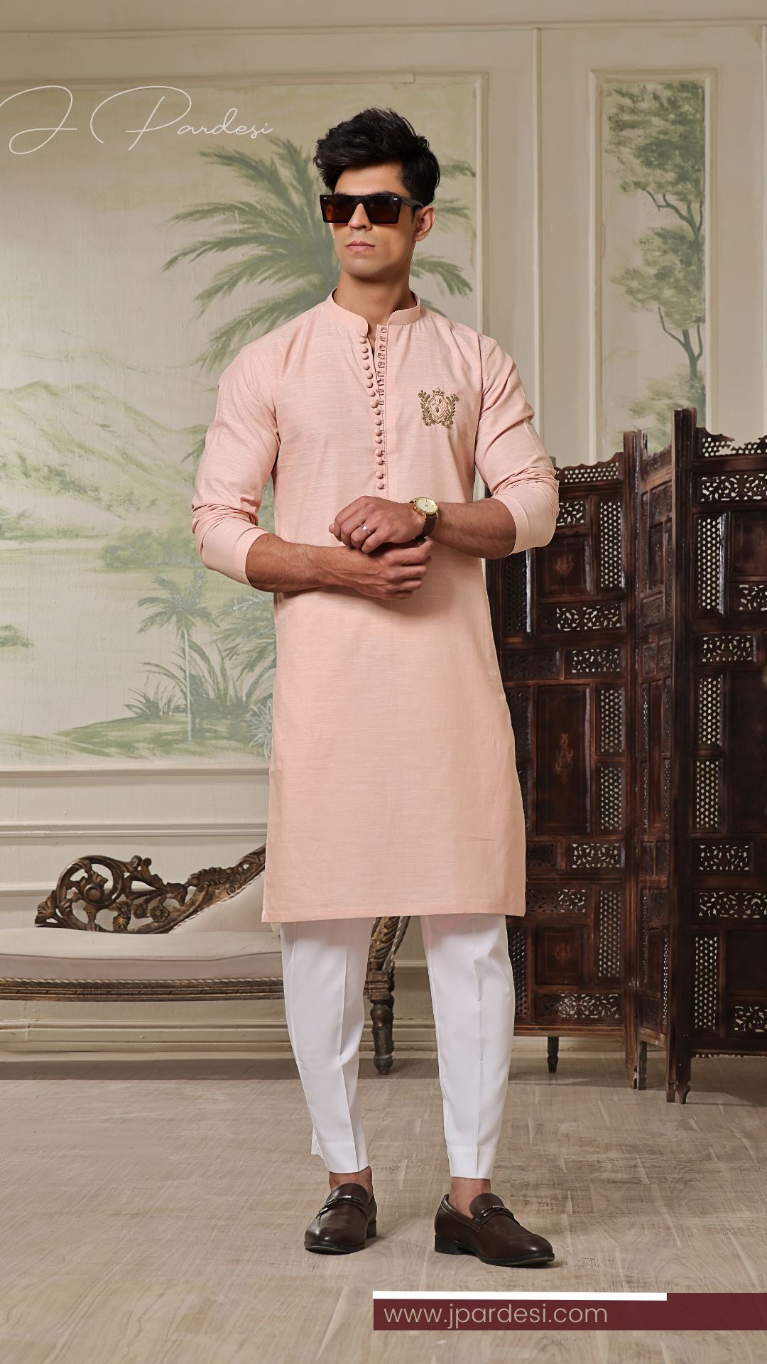 Blush Bloom Hand-Embroidered Cotton Linen Kurta Festive Eid Collection