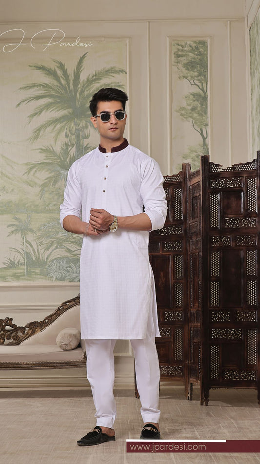Dark Band Embroidered White Textured Kurta Festive Collection
