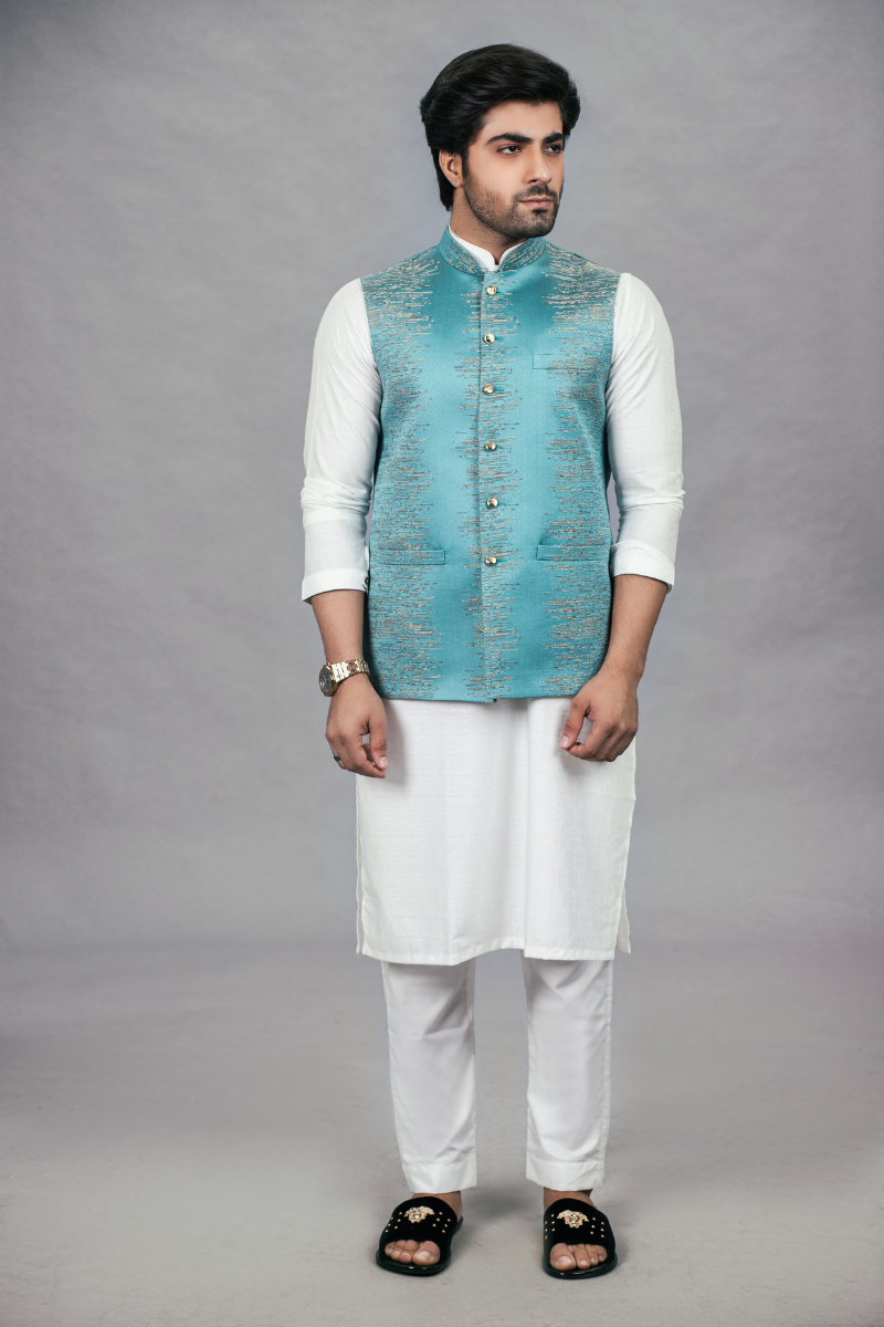 Blue Self Embroided Waistcoat