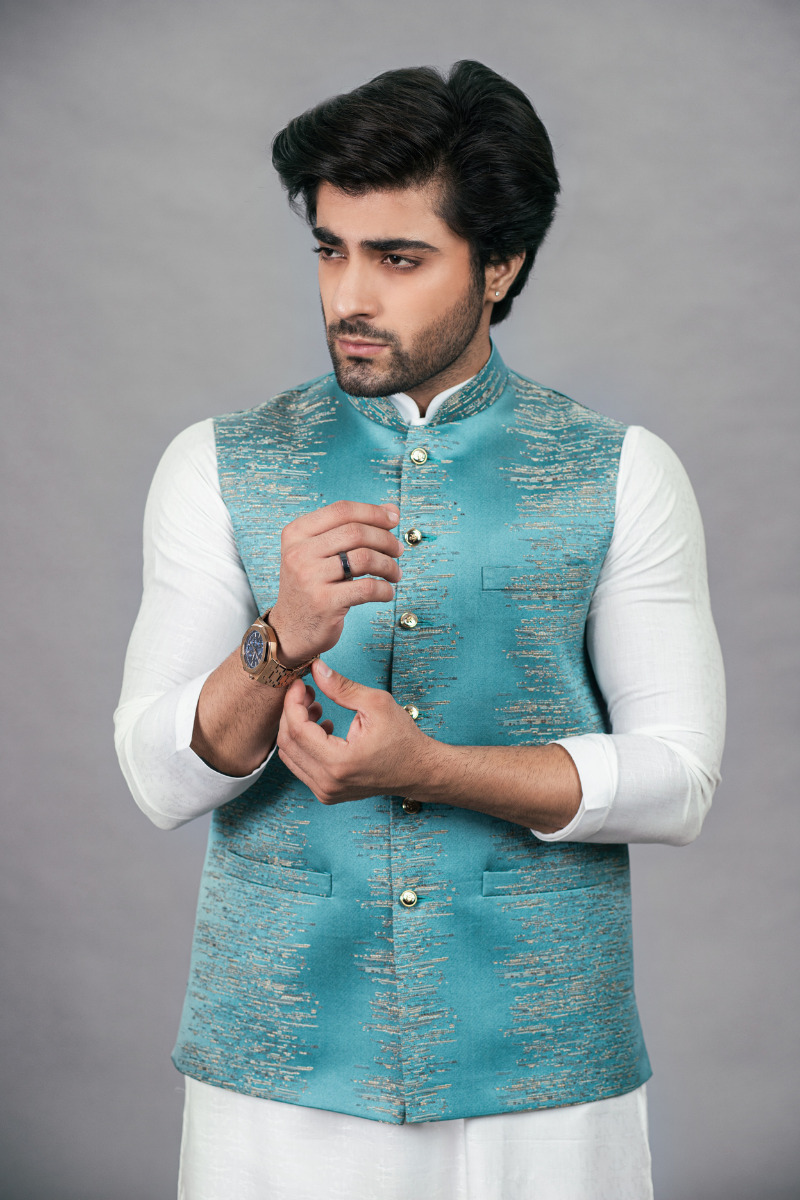 Blue Self Embroided Waistcoat