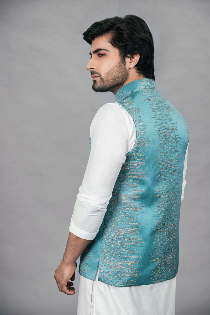 Blue Self Embroided Waistcoat