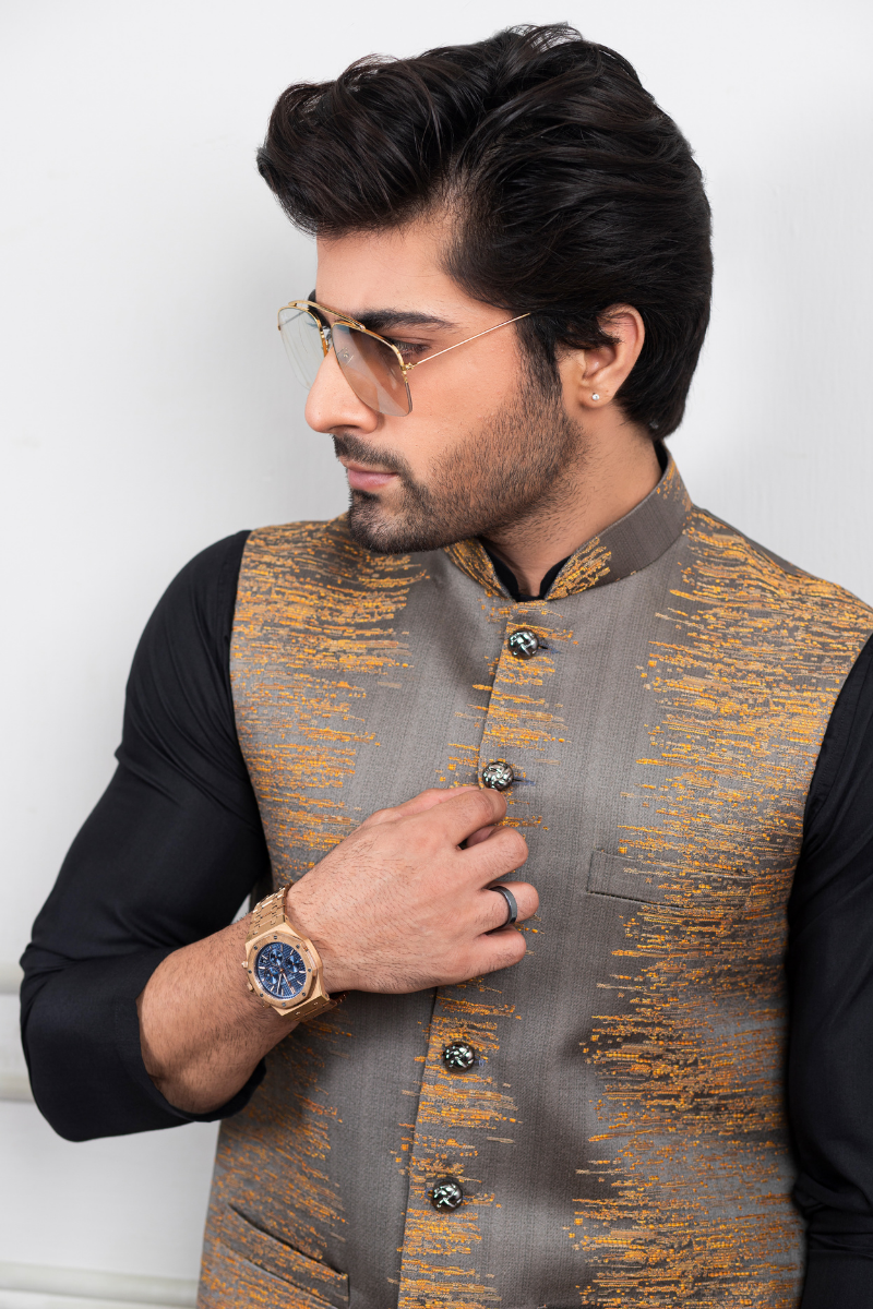 Grey Self Embroided Waistcoat