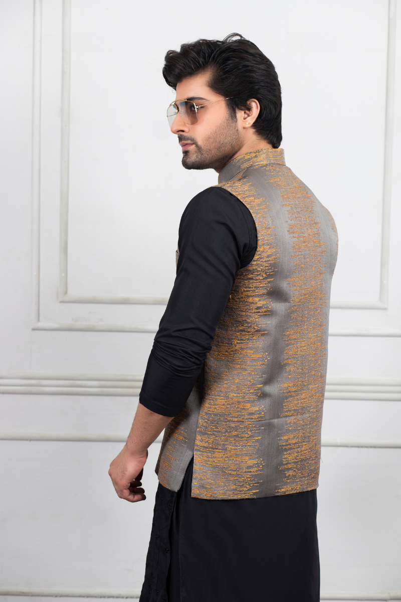 Grey Self Embroided Waistcoat