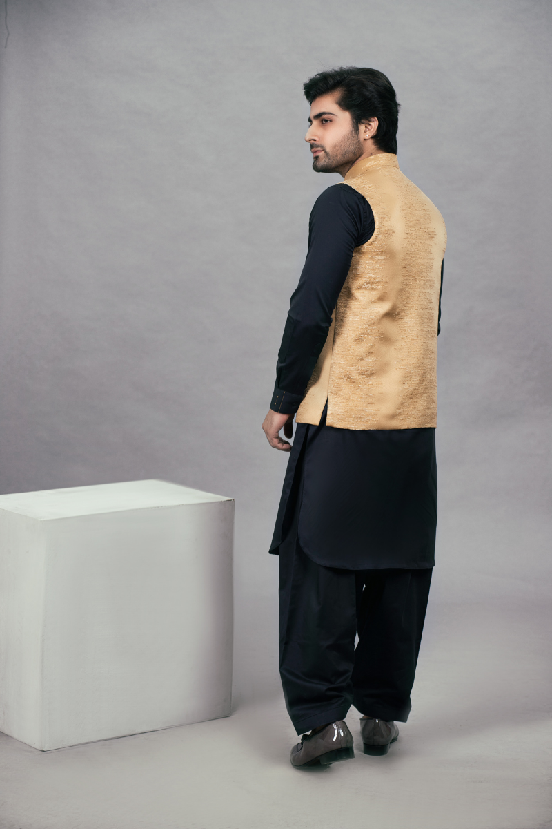Golden Self Embroided Waistcoat