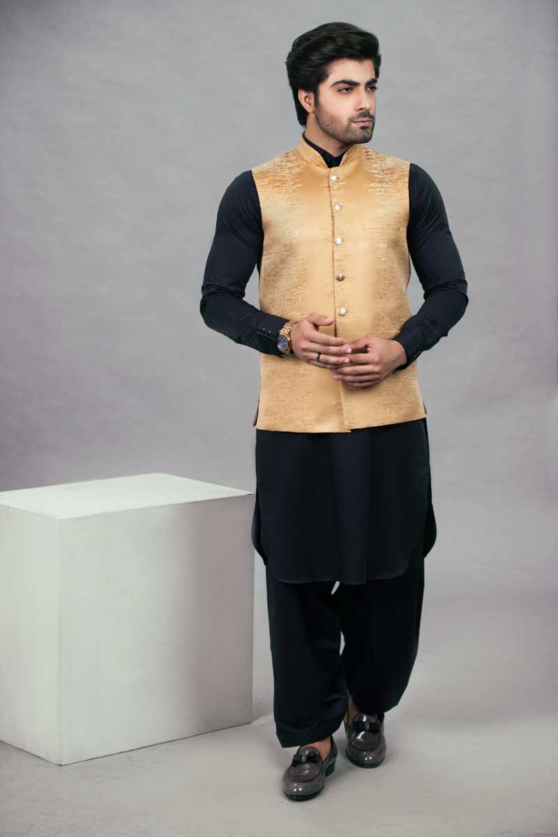 Golden Self Embroided Waistcoat