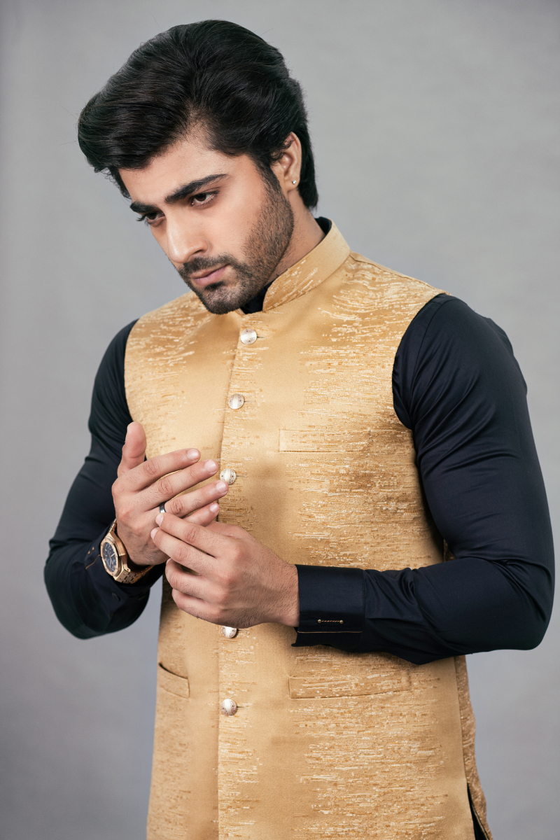 Golden Self Embroided Waistcoat