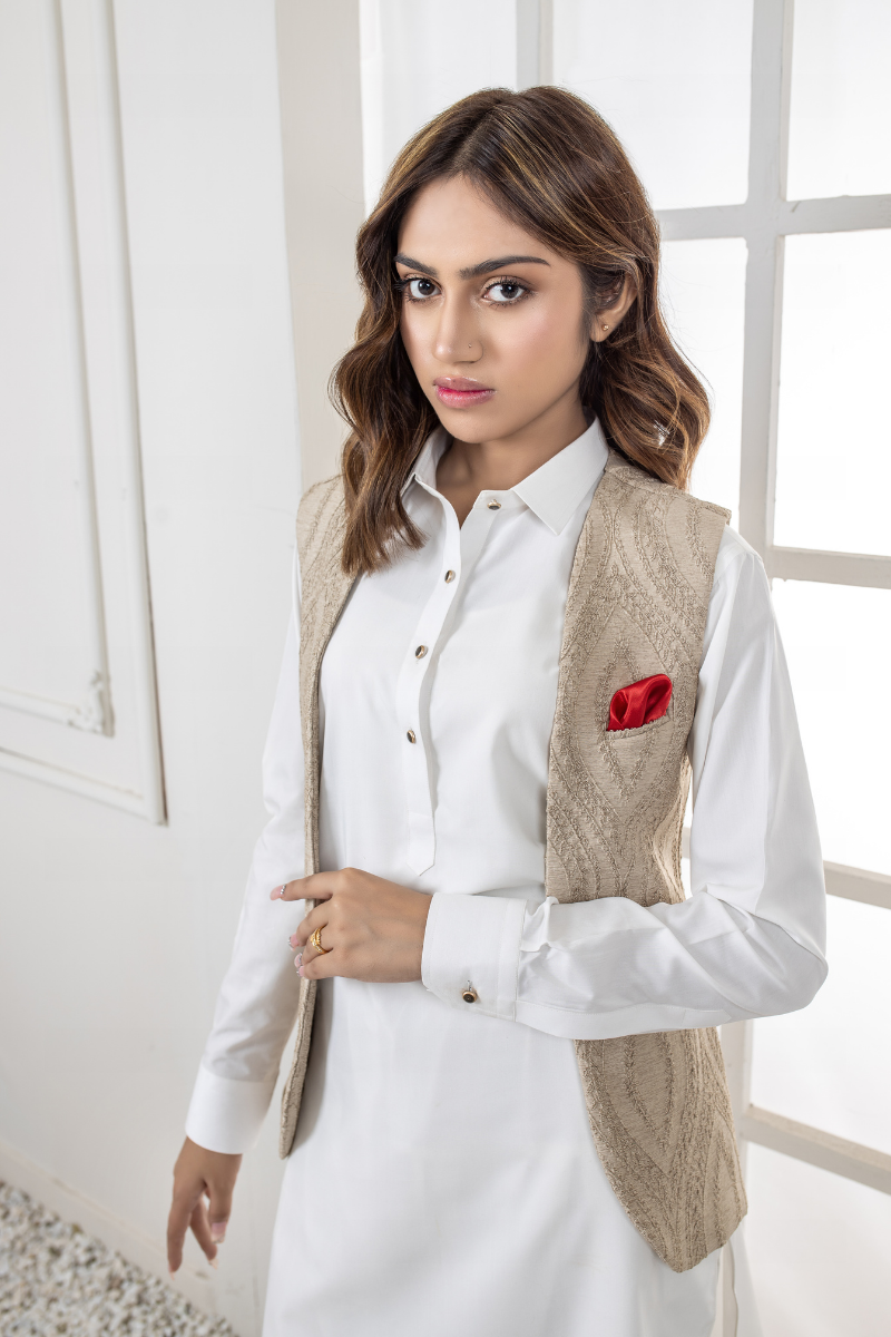 Al Aris Plain Beige Waistcoat For Women