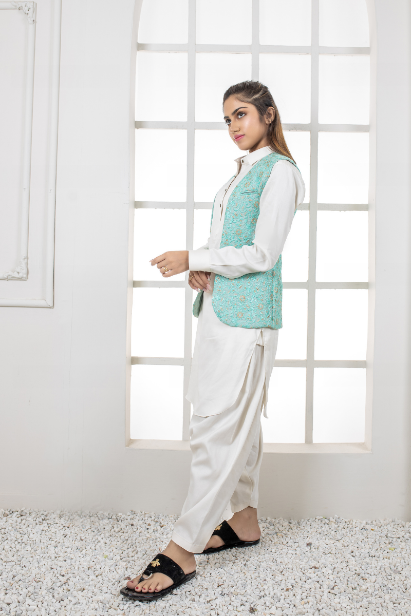 Al Aris Textured Sea Green Waistcoat For Women