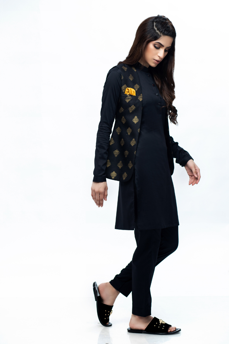 Black Front Open Waistcoat For Women
