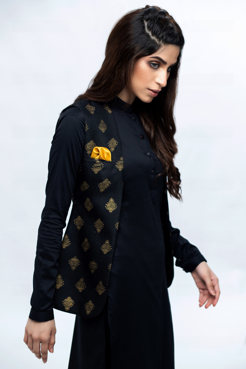 Black Front Open Waistcoat For Women