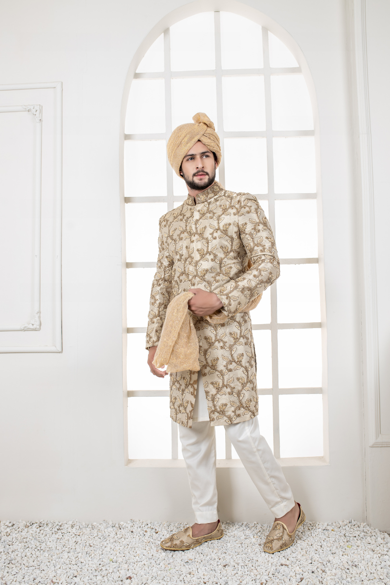 Al Aris Khaki Embroided Sherwani