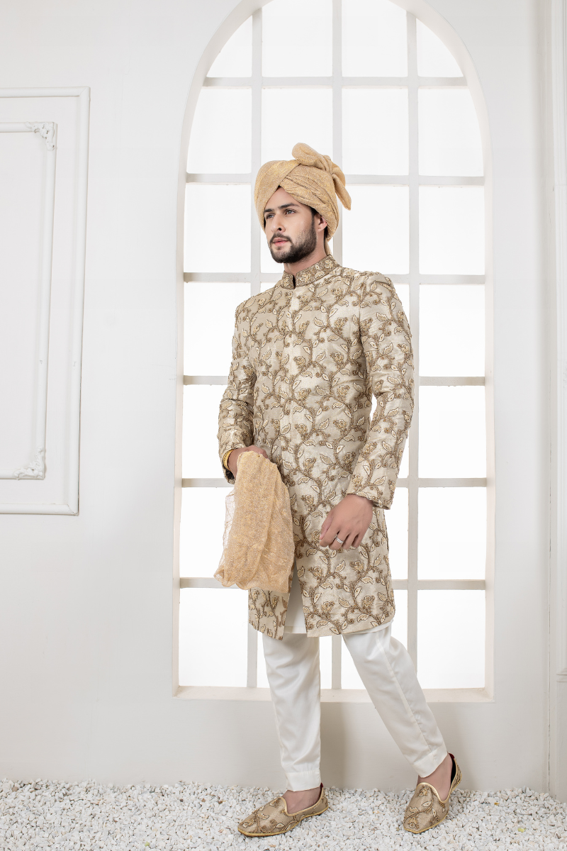 Al Aris Khaki Embroided Sherwani