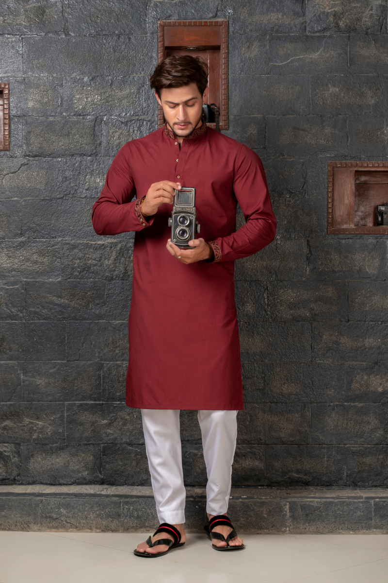Red Kurta with White Pajama