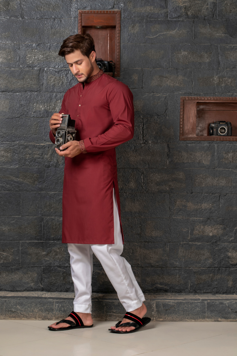 Red Kurta with White Pajama