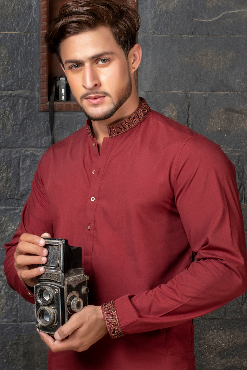 Red Kurta with White Pajama