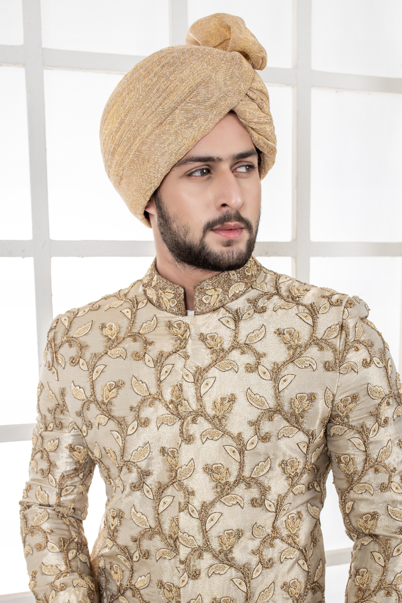 Al Aris Khaki Embroided Sherwani