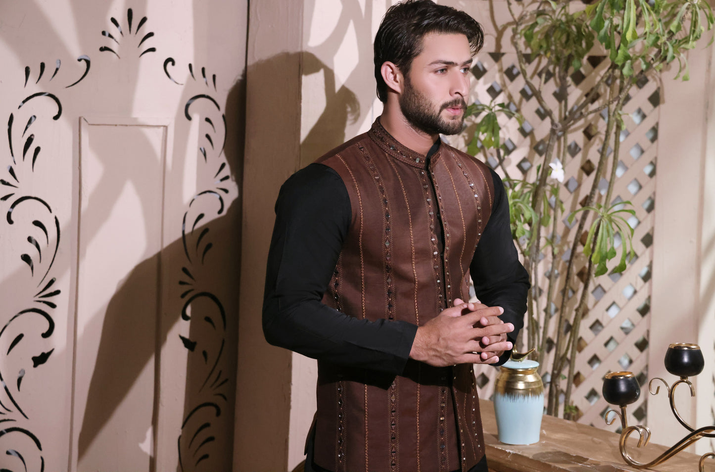 Stripped Brown Mirror Work Waist Coat