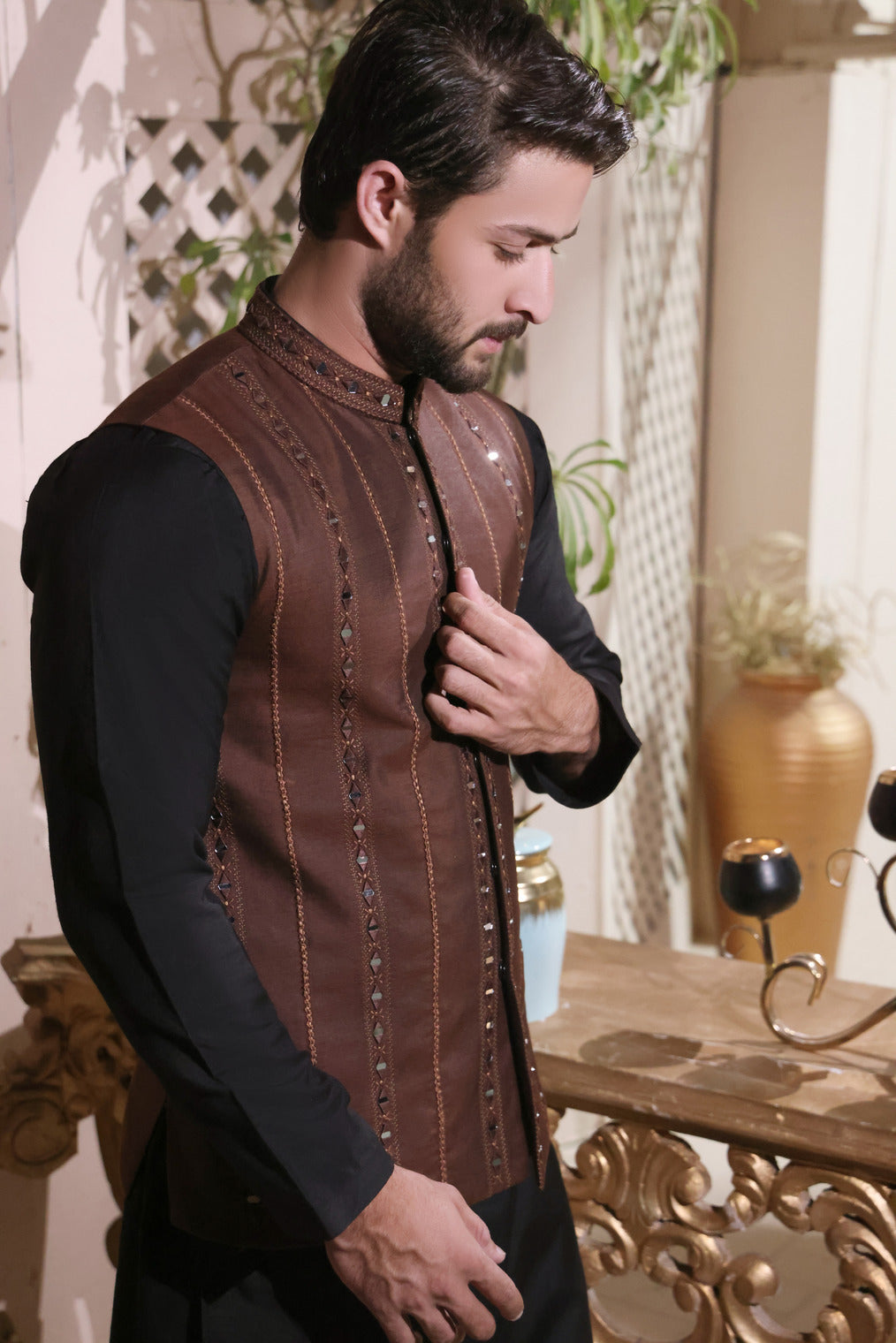 Stripped Brown Mirror Work Waist Coat