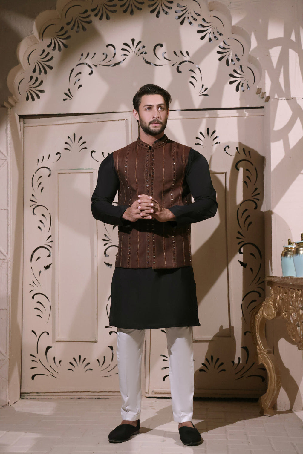 Stripped Brown Mirror Work Waist Coat