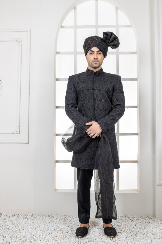 Al Aris Black Embroided Sherwani