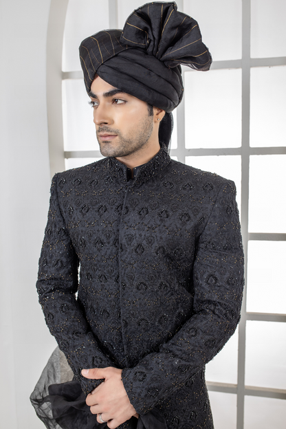 Al Aris Black Embroided Sherwani