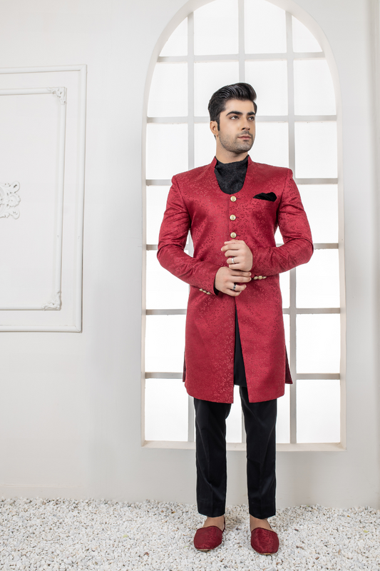 Al Aris Plain Fancy Red Sherwani