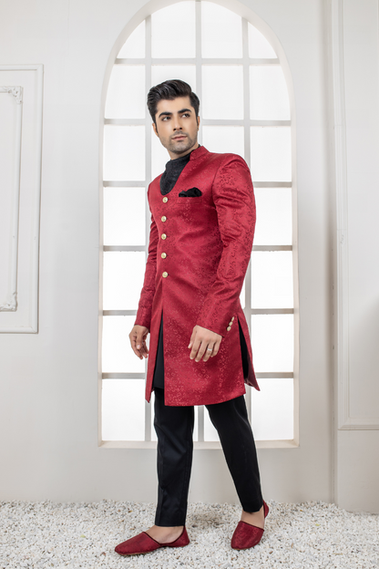Al Aris Plain Fancy Red Sherwani