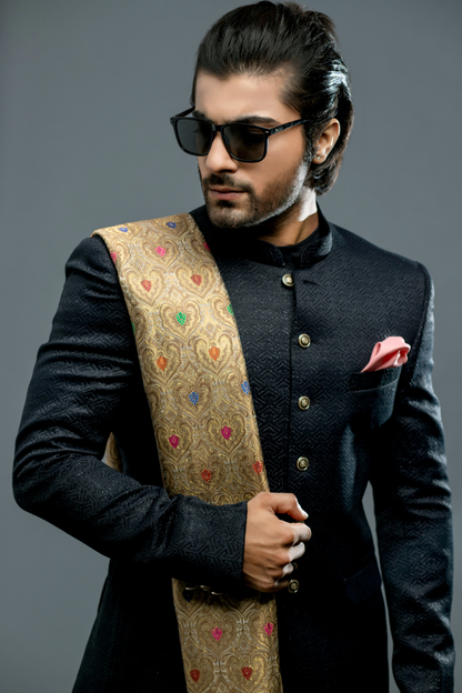 Exquisite Black Textured Princecoat Jacket